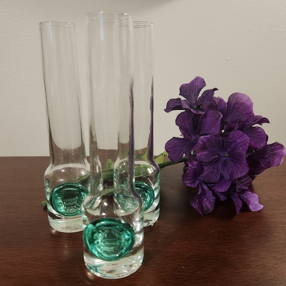 Set of‎ 3 Vintage Wolfschmidt Vodka Shot Glasses or Bud Vases with Sea Green